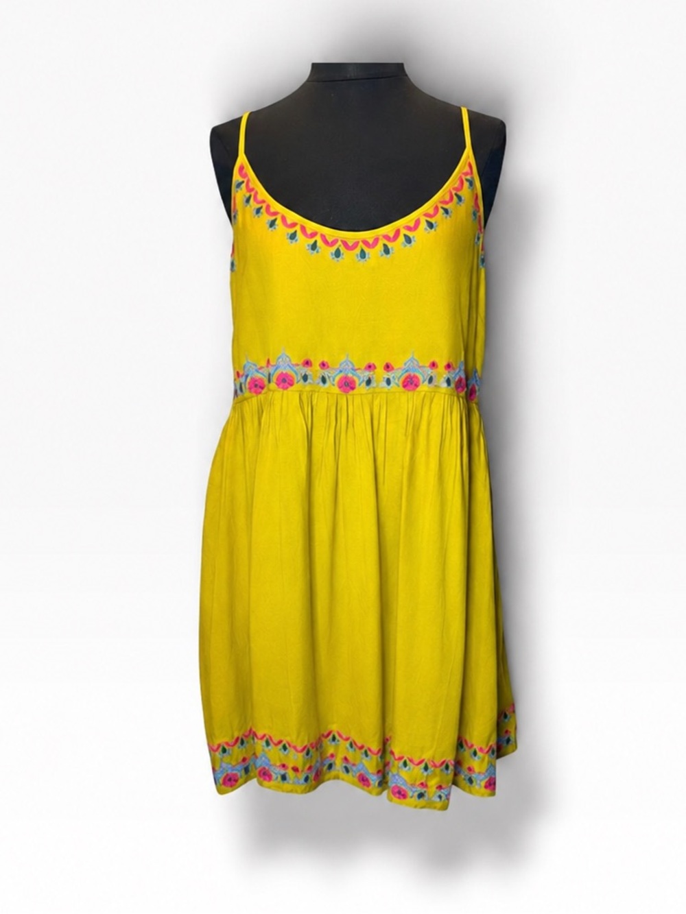 NWT Natural Life Embroidered Boho Babydoll Dress Mustard Olive Size L - Picture 2 of 9